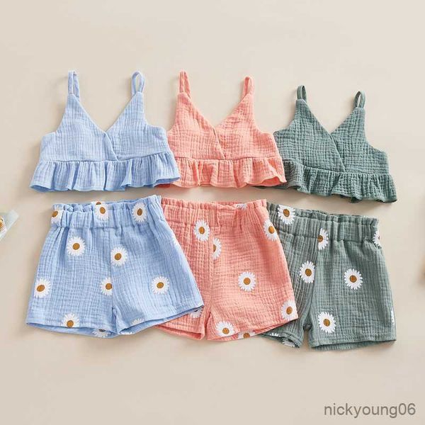 

clothing sets toddler baby girl short summer clothes 2023 2pcs outfit solid color ruffle sling vest and floral shorts items, White