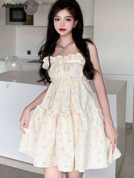 

floral mini dress women sleeveless summer lovely ruffles casual holiday korean style streetwear all-match aesthetic young daily l230522, Black;gray