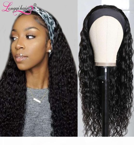 

headband 100 human scarf 150 density remy brazilian water wave natural glueless for women longqi hair wig2074774, Black;brown
