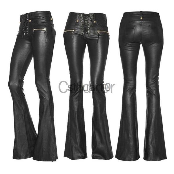 

women's pants capris casual streetwear women punk gothic black pu leather pants high waist bandage skinny slim flared trousers women cl, Black;white