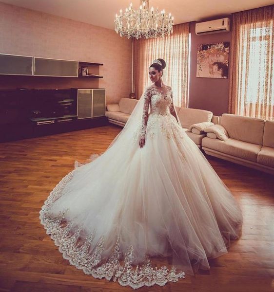 

vintage jewel sheer neck wedding dresses long sleeves with lace applique beaded aline wedding gowns back zipper custom made brida7091322, White