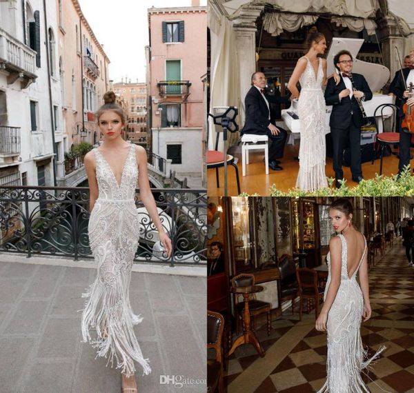 

julie vino mermaid wedding dresses deep v neck lace tassel crystal sleeveless backless wedding dress custom made country brid4986290, White