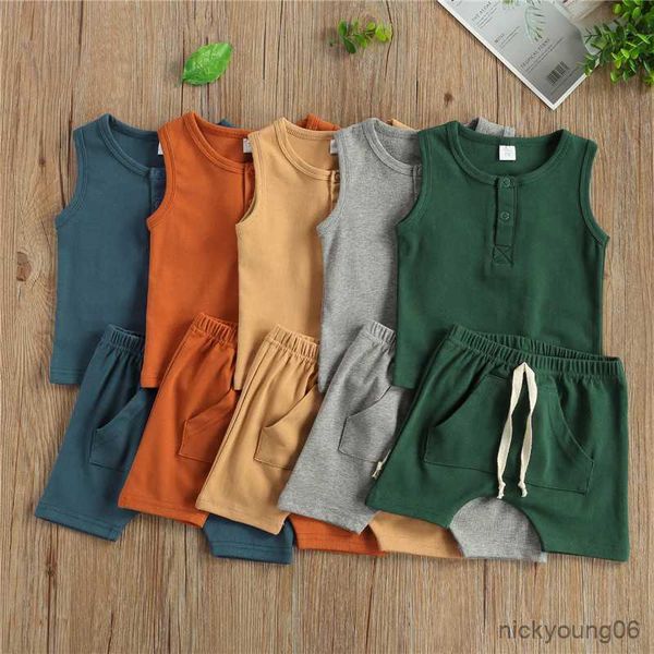 

clothing sets toddler baby kids sleeveless t-shirts and elastic band pocket shorts clothes outfits set 2pcs casual for boys, White