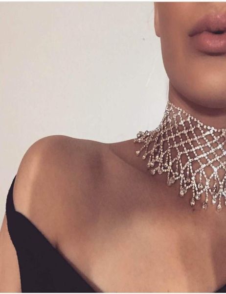 

new brand big rhinestone choker necklace 2017 bib statement necklace crystal water drop chunky collar maxi jewelry wedding accesso5300399, Golden;silver