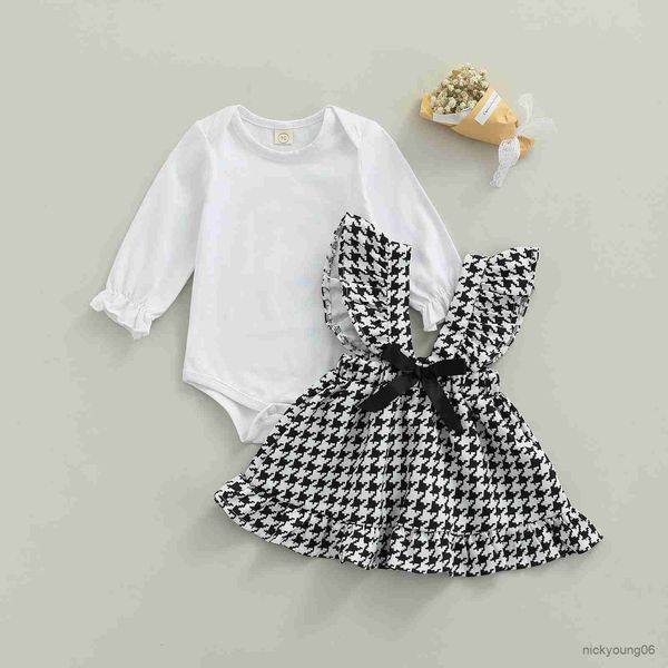 

clothing sets 2pcs baby girls set solid long sleeve bodysuit and plaid suspender skirt infant cute outfits newborn clothes, White