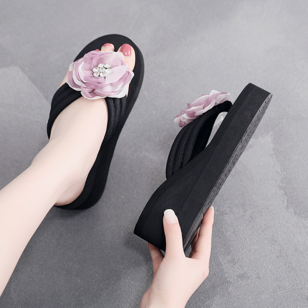 

slippers women wear new flower flip-flops in the summer of 2023 korean womens fashion wedges and platform sandals beach sandals, Black