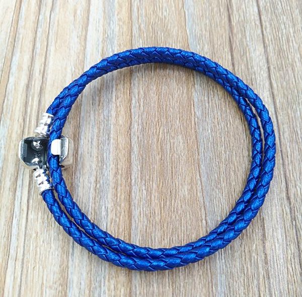 

blue double woven leather bracelet authentic 925 silverfit european style jewelry charms beads handmade andy jewel 590705csb-d9888124, Golden;silver