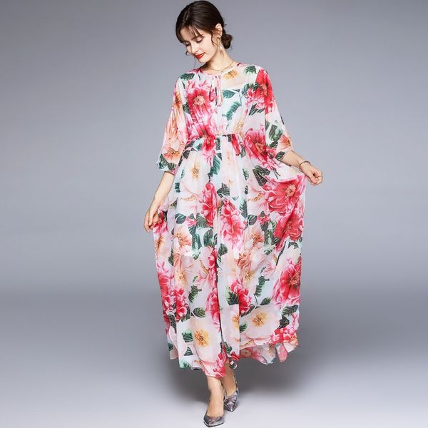 

2023 summer women's chiffon dress - floral print, batwing sleeve - casual, mid-calf length - color: as the picture - size: xxl, , l, x, Black;gray