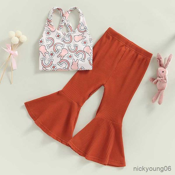 

clothing sets easter summer children girls 1-6years rainbow print sleeveless tanks and ribbed flare long pants casual outfits, White