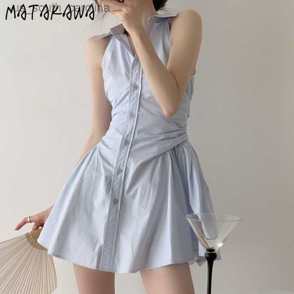

matakawa vestidos korean fashion turn down collar sleeveless high waist slim pleated dresses for women fresh shirt dress l230522, Black;gray