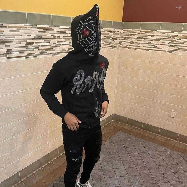 

men's hoodies y2k full zip up hoodie men autumn winter gothic rhinestones web sweatshirt hip hop grunge skeleton oversized jacket, Black