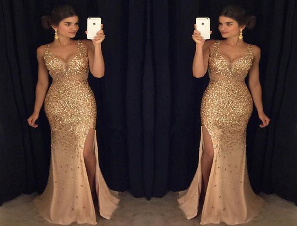 

champagne luxury vneck mermaid evening dresses 2022 sleeveless formal dress open fork in dress6159185, Black;red