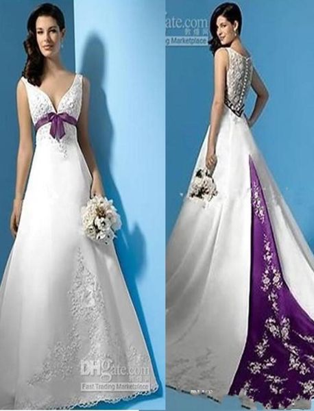 

selling white and purple satin aline wedding dresses empire waist vneck beads appliques bow bridal gowns custom made new de7626668