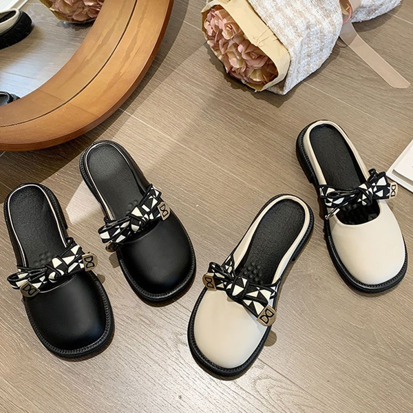 

baotou half slippers women summer wear fashion senior bow sandals without heel lazy sandals womens shoes ladies shoes shoes, Black