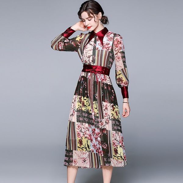 

2023 summer fashion women's pleated dress - floral print, long sleeve, stand collar, a-line silhouette - casual & elegant - mid-calf le, Black;gray