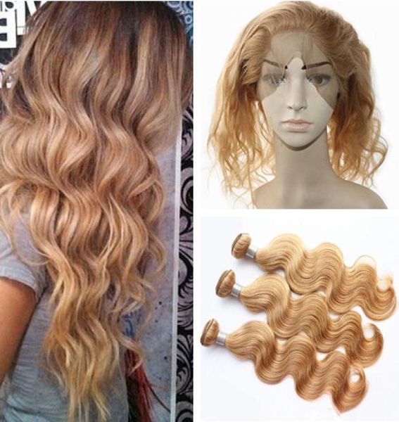 

pre plucked 360 lace frontal closure with bundles body wave 27 honey blonde brazilian virgin human hair 3pcs with 360 band lace c4114572, Black;brown
