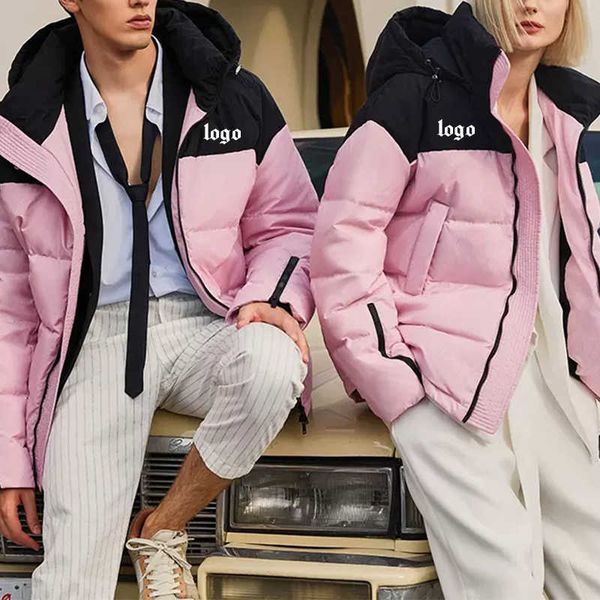 

street style men's men's and women's same style pink down jacket short thickened hooded men's puffer jacket id, Black