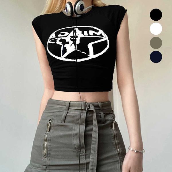 

women's t-shirt designer new american retro street spice girl star print collision color basic slim strapless umbilical short t-shirt, White