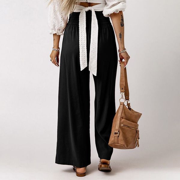 

wholesale loose summer black streetwear pockets ladies high waist wide leg pants women, Black;white
