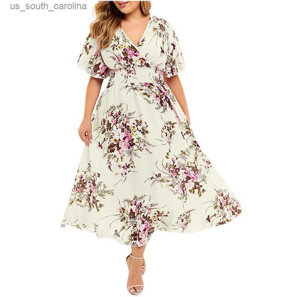 

plus size dresses xl-5xl women floral chiffon flower dress bohemian style beach summer urban gypsy fashion dresses ropa mujer l230522, Black;gray