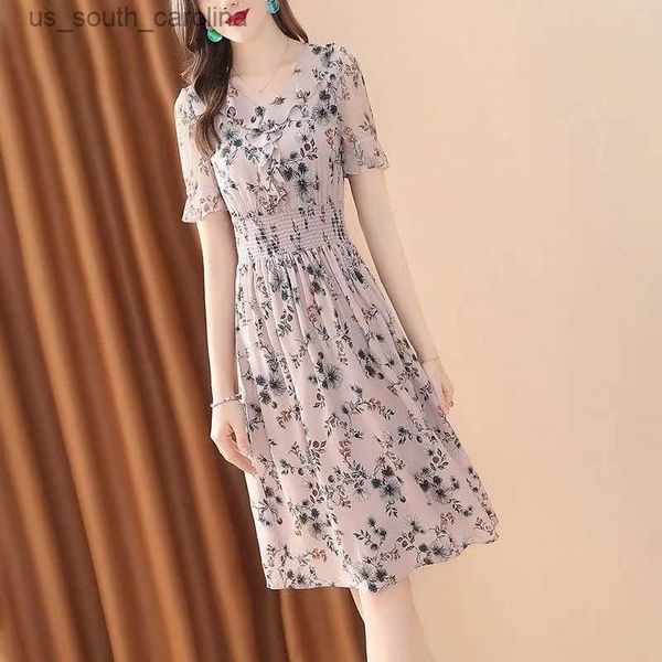 

summer new oversize chiffon dress v-neck floral print short sleeve empire a-line skirt summer young style women clothing 2023 l230522, Black;gray
