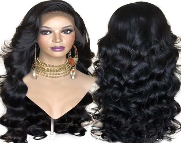 

new synthetic lace front wig for women black body wave wig glueless heat resistant fiber hair wigs with bangs side part9895070