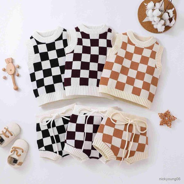 

clothing sets 0-3yrs newborn girls plaid clothes outfits knitted vest shorts 2pcs spring summer baby boys suits, White