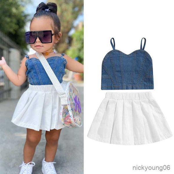 

clothing sets kid girls fashion 2pcs sling sleeveless patchwork denim tank with elastic waist pleated short skirts, White