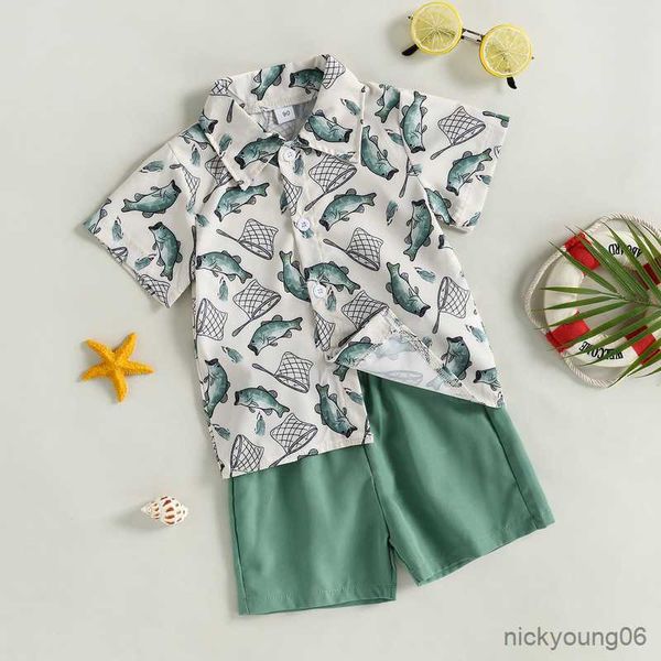 

clothing sets kids boys gentleman short outfits summer clothes 2023 fish sleeve button up shirt and elastic shorts for boy, White