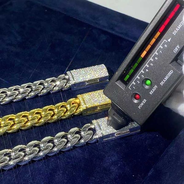

fully iced out vvs moissanite diamond box clasp cuban link chain stainless steel gold plated hip hop jewelry miami cuban chain, Silver