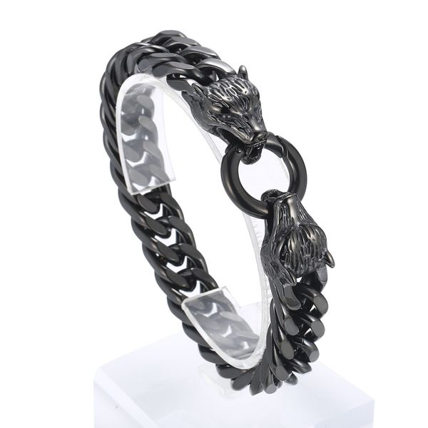 

12mm 8inch biker mens stainless steel wolf head cuban link curb chain bracelet with spring ring clasp punk cool jewelry for father husband b, Black