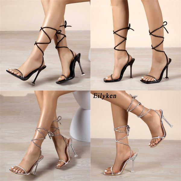 

summer sandals designer transparent ankle lace-up woman elegant open toe crystal clear high heels wedding party shoes 230511, Black
