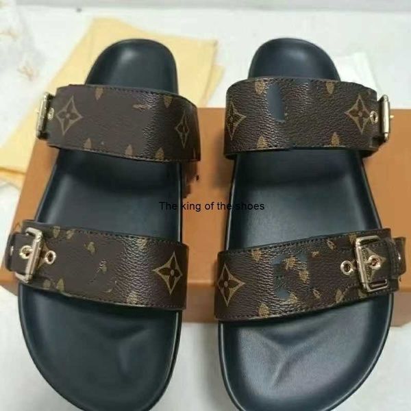 

designer leather slippers womens men sandals bom dia flat mule 1a3r5m cool effortlessly stylish slides 2 straps with adjusted gold buckles w, Black