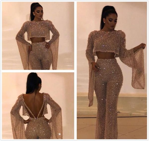 

2019 sequined two pieces prom dresses sheath long sleeves jumpsuit plus size formal dresses party evening gowns pants suits bc02409194491, Black