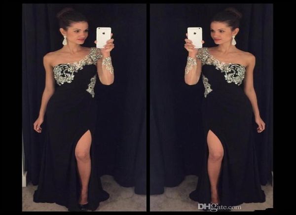

one shoulder black evening dresses applique beaded long sleeve side split sheath chiffon formal prom party gowns vestidos de fiest5574840, Black;red