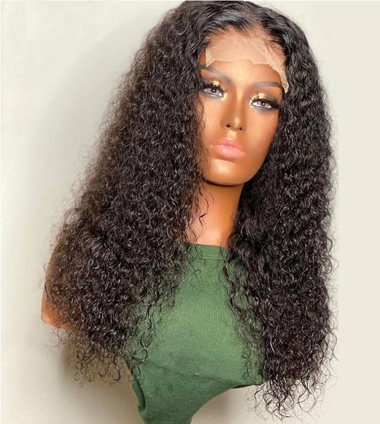 

26inch 180density natural black color long kinky curly wig part glueless synthetic lace front wigs remy soft with baby hair 3708142, Black;brown