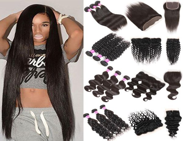 

brazilian virgin hair straight body wave natural water wave bundles with lace frontal closure human virgin hair extensions weft4870384, Black