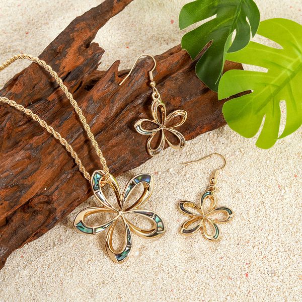 

hawaiian hamilton gold flower necklace earrings jewelry set with shell pearl polynesian island jewellery, Silver