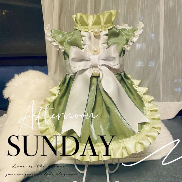 

Dog Dress Bow Dogs Sundress Tulle with Ruffle Sleeves Cat Dress Dog Clothes, Green