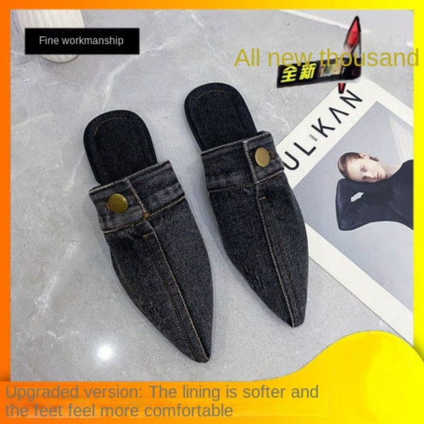 

spring and summer new small design denim bag slipper comfortable soft bottom anti-slip one-foot sandal womens slippers, Black