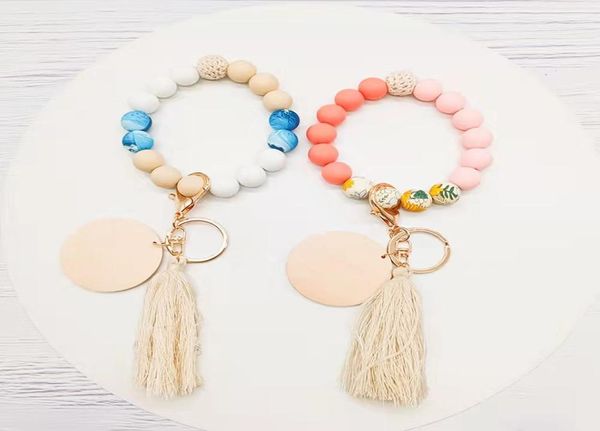 

foreign trade new food grade silicone beads bracelet keychain cotton thread tassel pendant key ring whole multicolor optional8700169, Silver