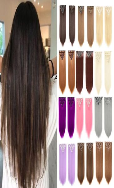 

22 inches medium lenght straight hair clip in hair extension synthetic false hair whole 7piece set1437022, Black;brown