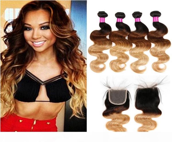 

blonde lace closure with bundles ombre human hair peruvian virgin body wave hair weaves 1b 4 27 1b 27 hair bundles with closure6123219, Black;brown
