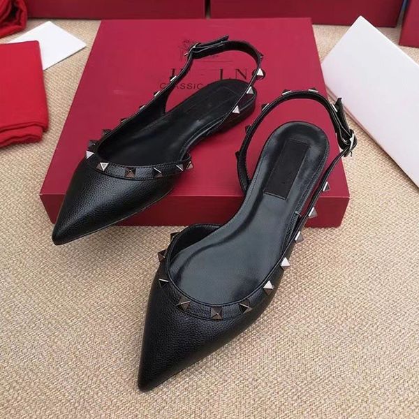 

luxury flat heels sandals rivets pointed toe summer women wedding shoes black white nude matte luxury v brand flat sandal with red dust bag