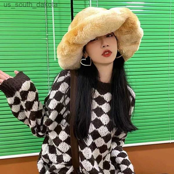 

japanese winter large version plush mushroom cloud hat women warm large eaves faux rabbit hair warm fisherman's cap panama l230523, Blue;gray