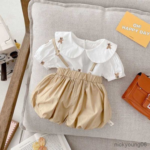 

clothing sets 0-3years kids baby boy girl set short sleeve bear embroidery suspender shorts pant 2pcs outfits summer clothes, White
