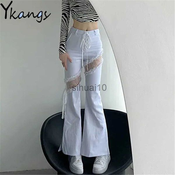 

women's pants capris y2k lace stitching hollow out side slit bandage high waist flared jeans slim gothic punk streetwear denim pants ha, Black;white