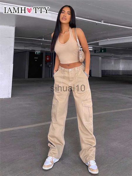 

women's pants capris vintage khaki wide leg cargo jeans high waist big pockets baggy denim trousers casual oversized pants street sweat, Black;white