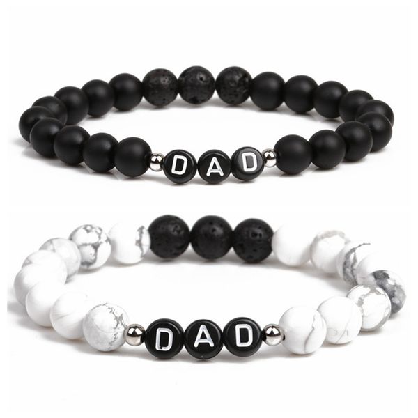 

howlite lava stone bracelet english alphabet letter dad elastic beaded bracelet for dad father, Black