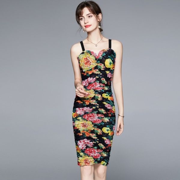 

2023 summer new european fashion bag hip sleeveless slim print dress | sweetheart collar, trumpet/mermaid silhouette | mesh material | flora, Black;gray